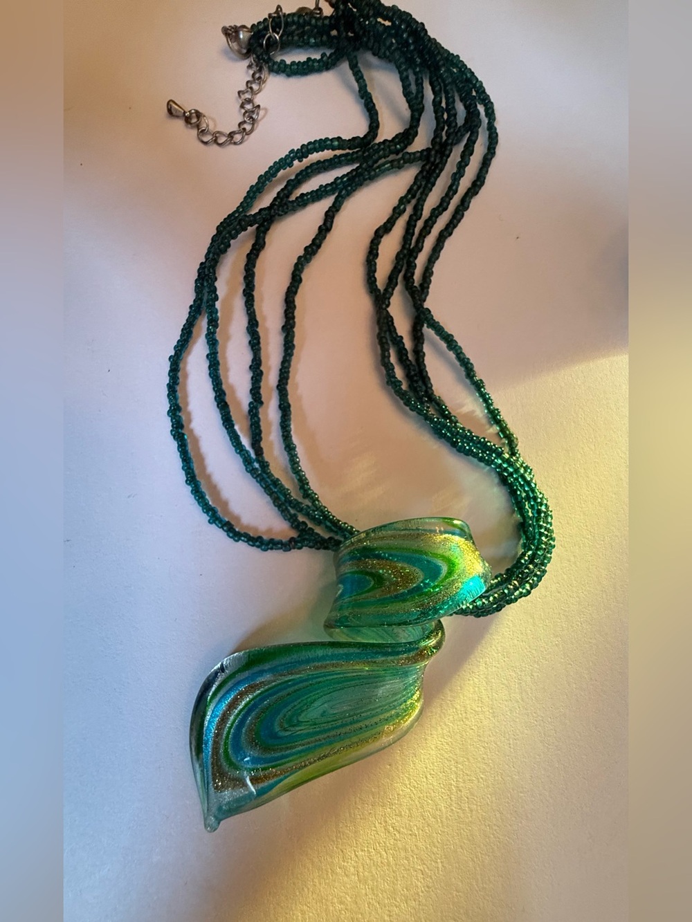 Green Multi Strand Seed Bead Necklace Art Glass Pendant Statement Jewelry